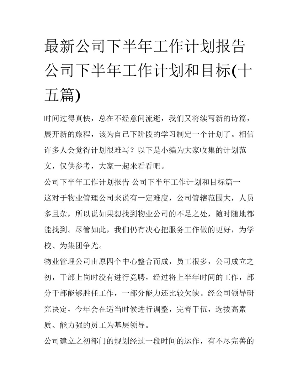 最新公司下半年工作计划报告 公司下半年工作计划和目标(十五篇)_第1页