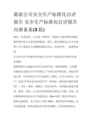 最新公司安全生产标准化自评报告 安全生产标准化自评报告向谁备案(3篇)
