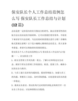 保安队长个人工作总结范例怎么写 保安队长工作总结与计划(12篇)