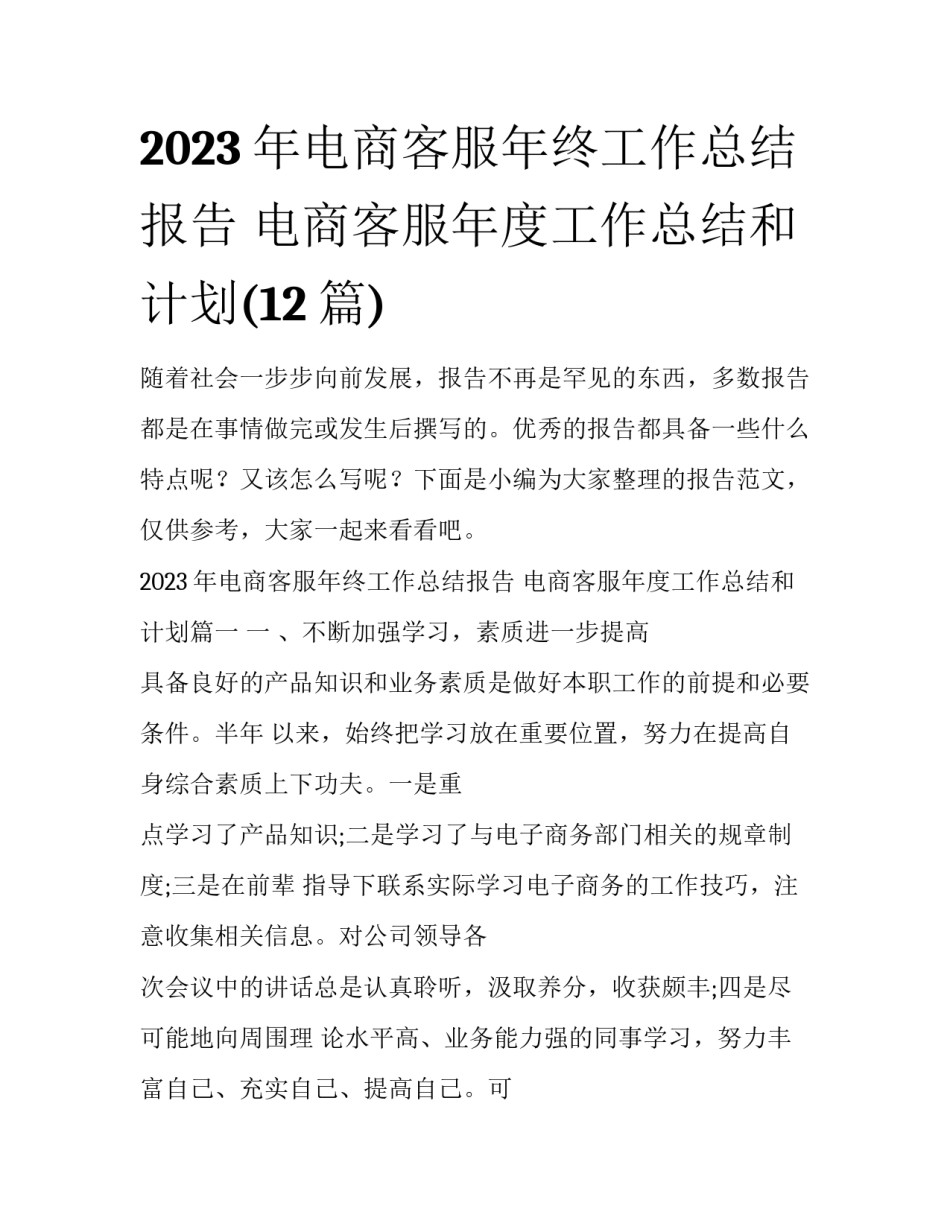 2023年电商客服年终工作总结报告 电商客服年度工作总结和计划(12篇)_第1页