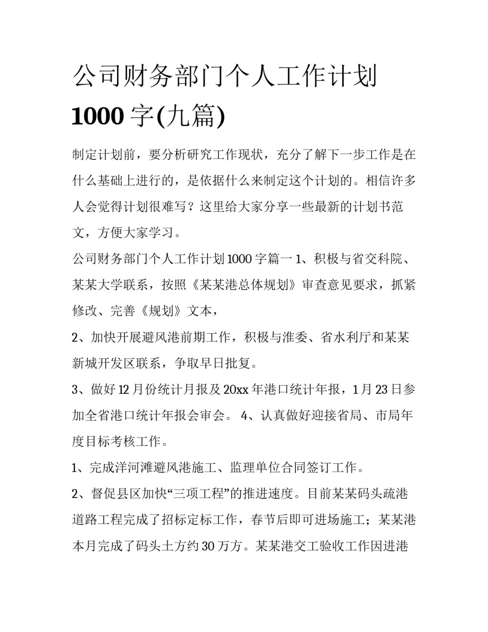公司财务部门个人工作计划1000字(九篇)_第1页
