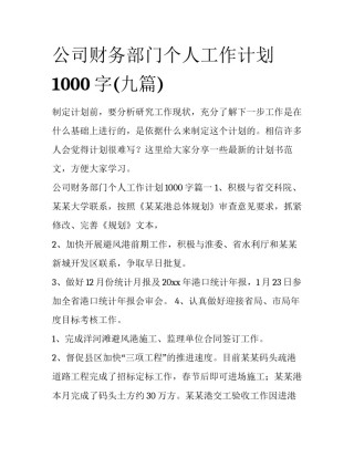 公司财务部门个人工作计划1000字(九篇)