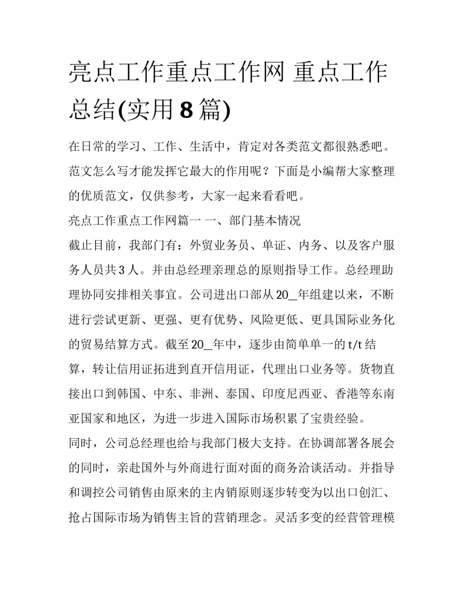 亮点工作重点工作网 重点工作总结(实用8篇)_第1页