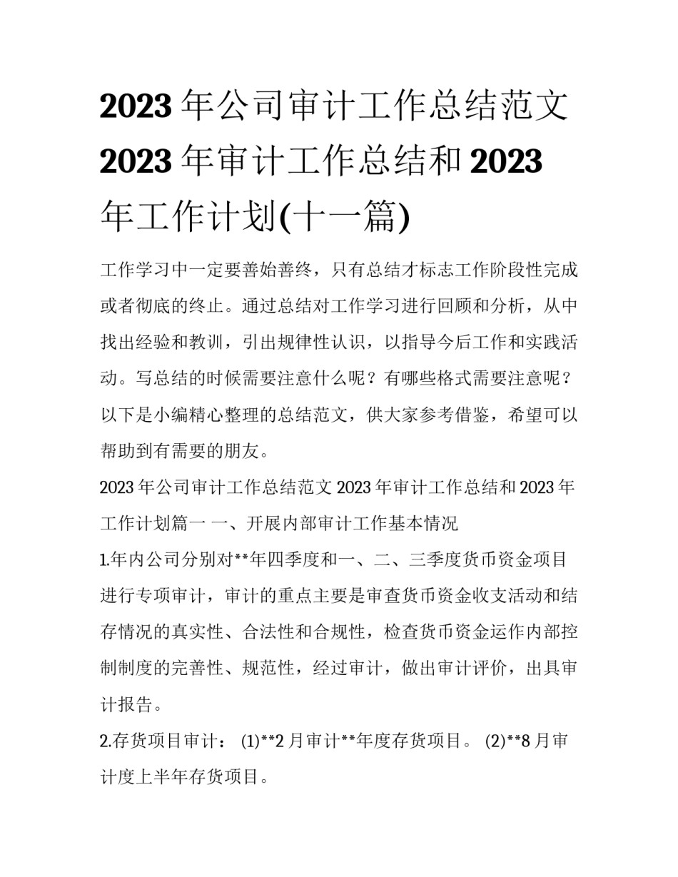 2023年公司审计工作总结范文 2023年审计工作总结和2023年工作计划(十一篇)_第1页