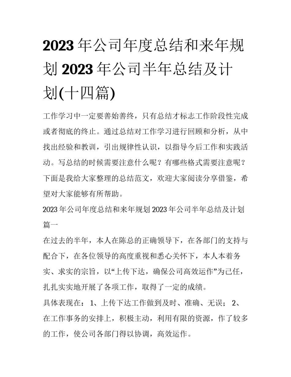 2023年公司年度总结和来年规划 2023年公司半年总结及计划(十四篇)_第1页