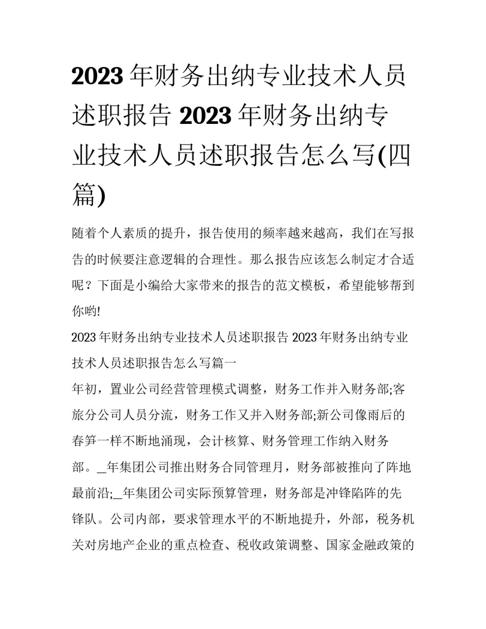 2023年财务出纳专业技术人员述职报告 2023年财务出纳专业技术人员述职报告怎么写(四篇)_第1页