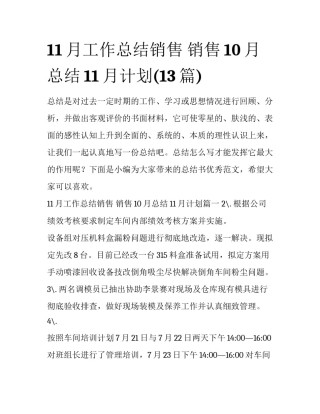 11月工作总结销售 销售10月总结11月计划(13篇)