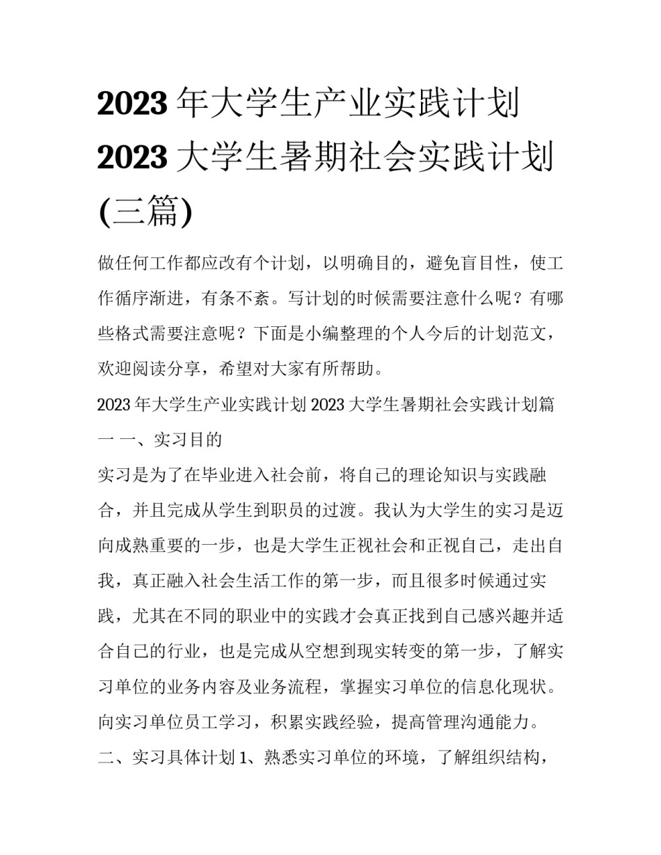 2023年大学生产业实践计划 2023大学生暑期社会实践计划(三篇)_第1页
