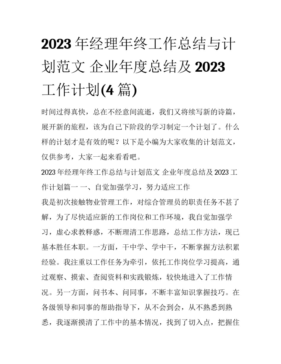 2023年经理年终工作总结与计划范文 企业年度总结及2023工作计划(4篇)_第1页