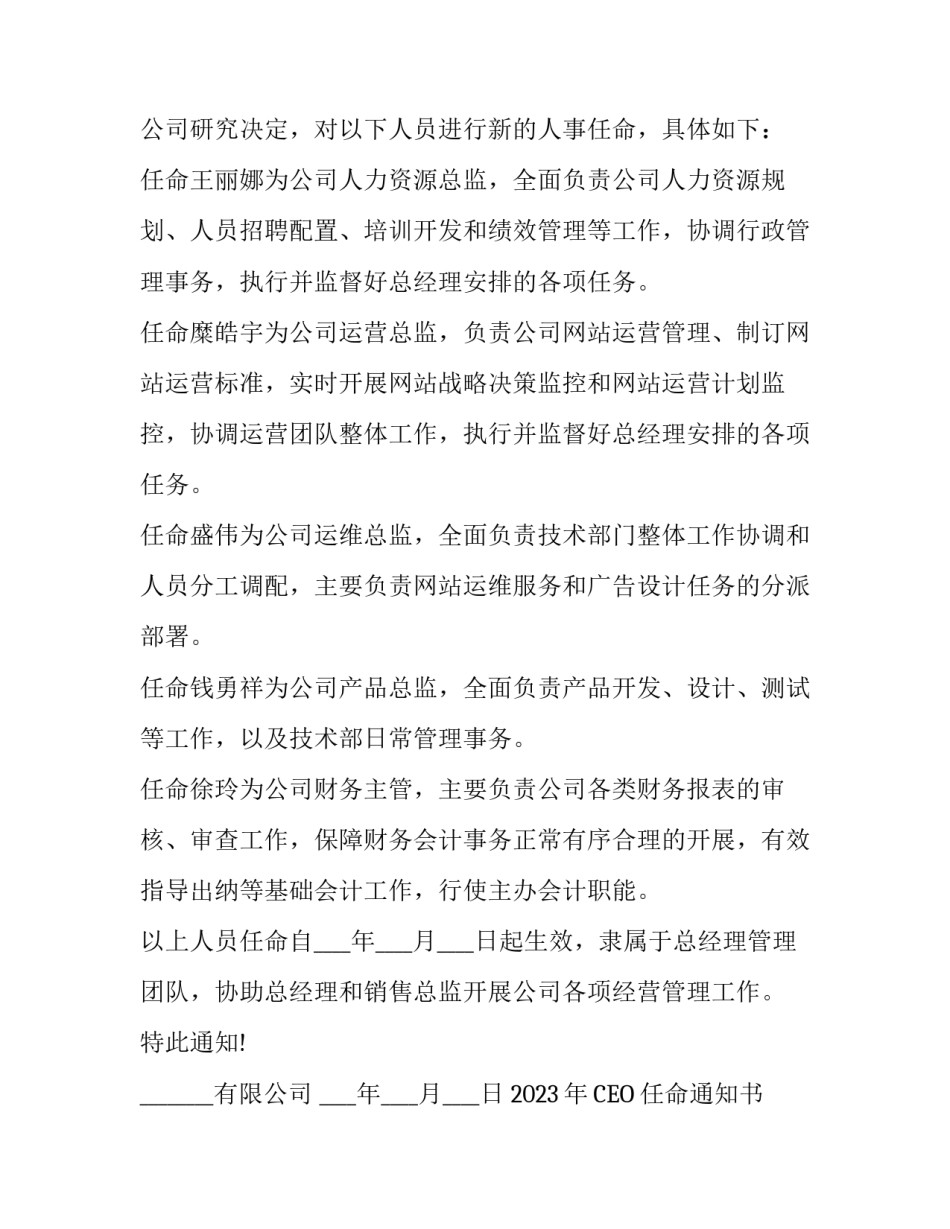 2023年CEO任命通知书 CEO任命通知书(3篇)_第2页