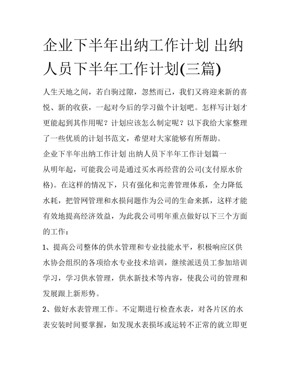 企业下半年出纳工作计划 出纳人员下半年工作计划(三篇)_第1页
