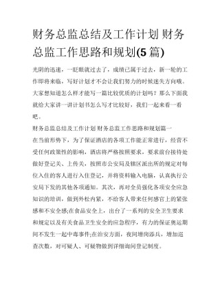 财务总监总结及工作计划 财务总监工作思路和规划(5篇)