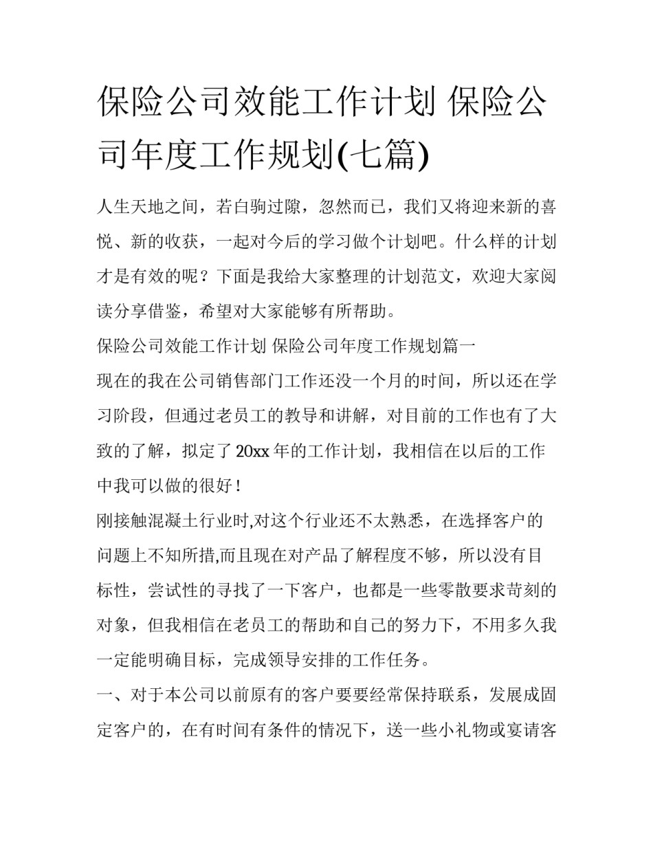 保险公司效能工作计划 保险公司年度工作规划(七篇)_第1页