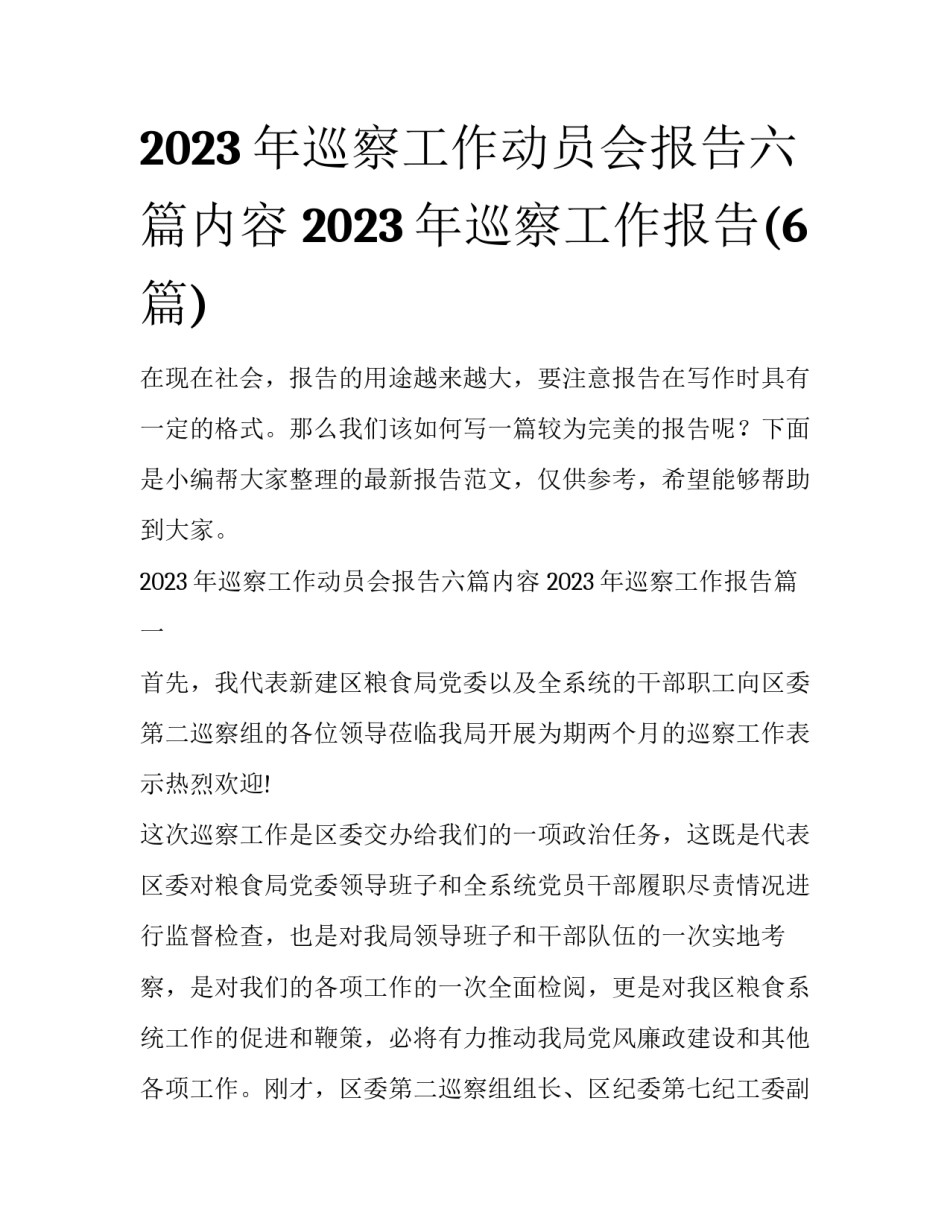 2023年巡察工作动员会报告六篇内容 2023年巡察工作报告(6篇)_第1页