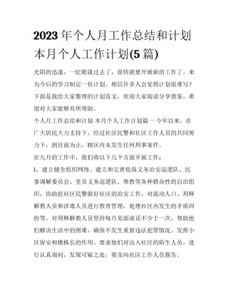 2023年个人月工作总结和计划 本月个人工作计划(5篇)