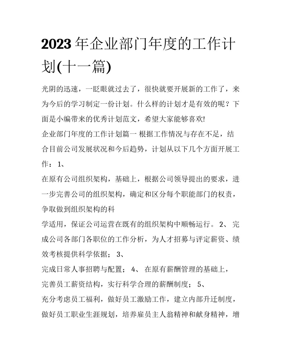 2023年企业部门年度的工作计划(十一篇)_第1页