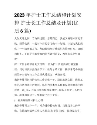 2023年护士工作总结和计划安排 护士长工作总结及计划(优质6篇)