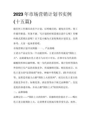 2023年市场营销计划书实例(十五篇)