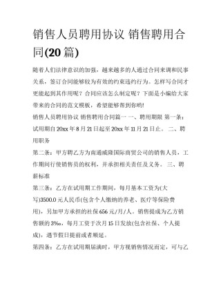 销售人员聘用协议 销售聘用合同(20篇)