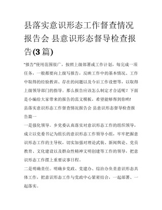 县落实意识形态工作督查情况报告会 县意识形态督导检查报告(3篇)