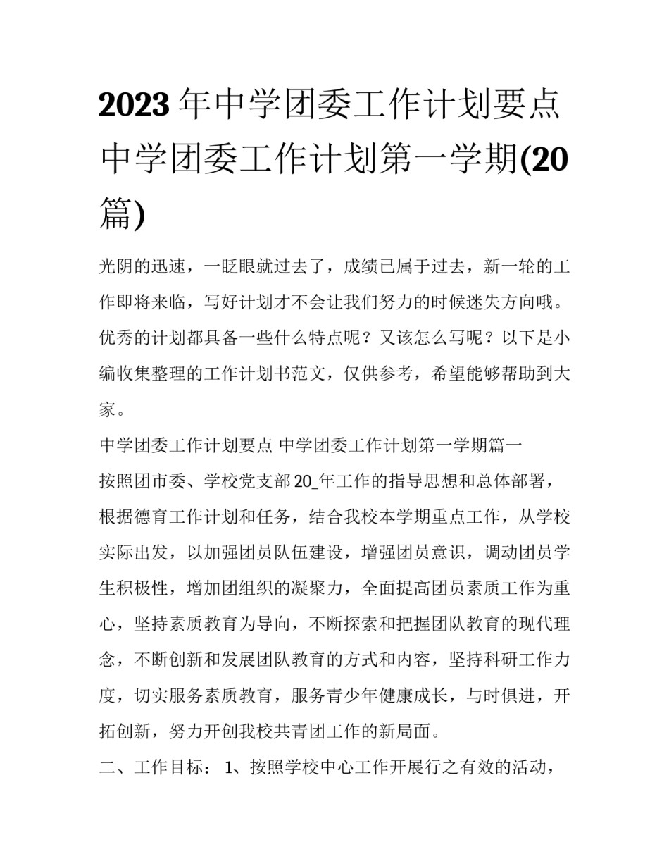 2023年中学团委工作计划要点 中学团委工作计划第一学期(20篇)_第1页
