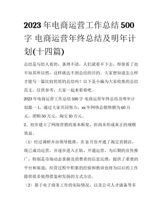 2023年电商运营工作总结500字 电商运营年终总结及明年计划(十四篇)