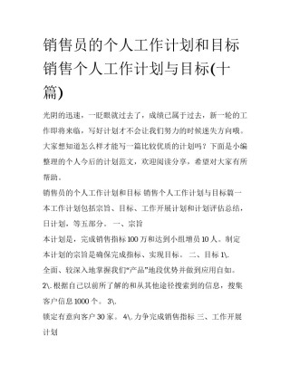 销售员的个人工作计划和目标 销售个人工作计划与目标(十篇)
