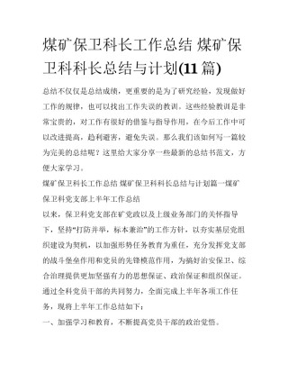 煤矿保卫科长工作总结 煤矿保卫科科长总结与计划(11篇)
