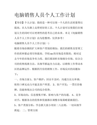 电脑销售人员个人工作计划