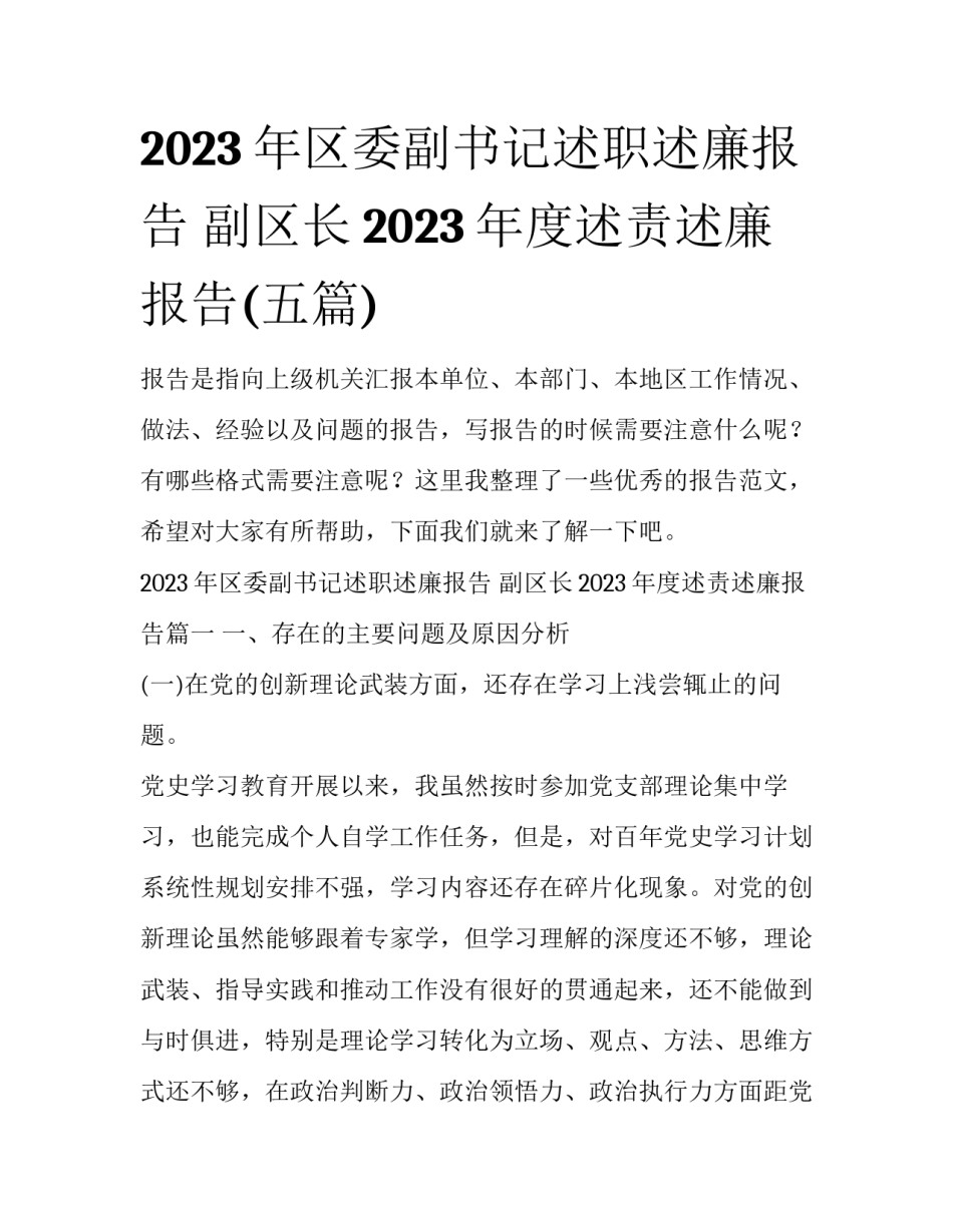 2023年区委副书记述职述廉报告 副区长2023年度述责述廉报告(五篇)_第1页