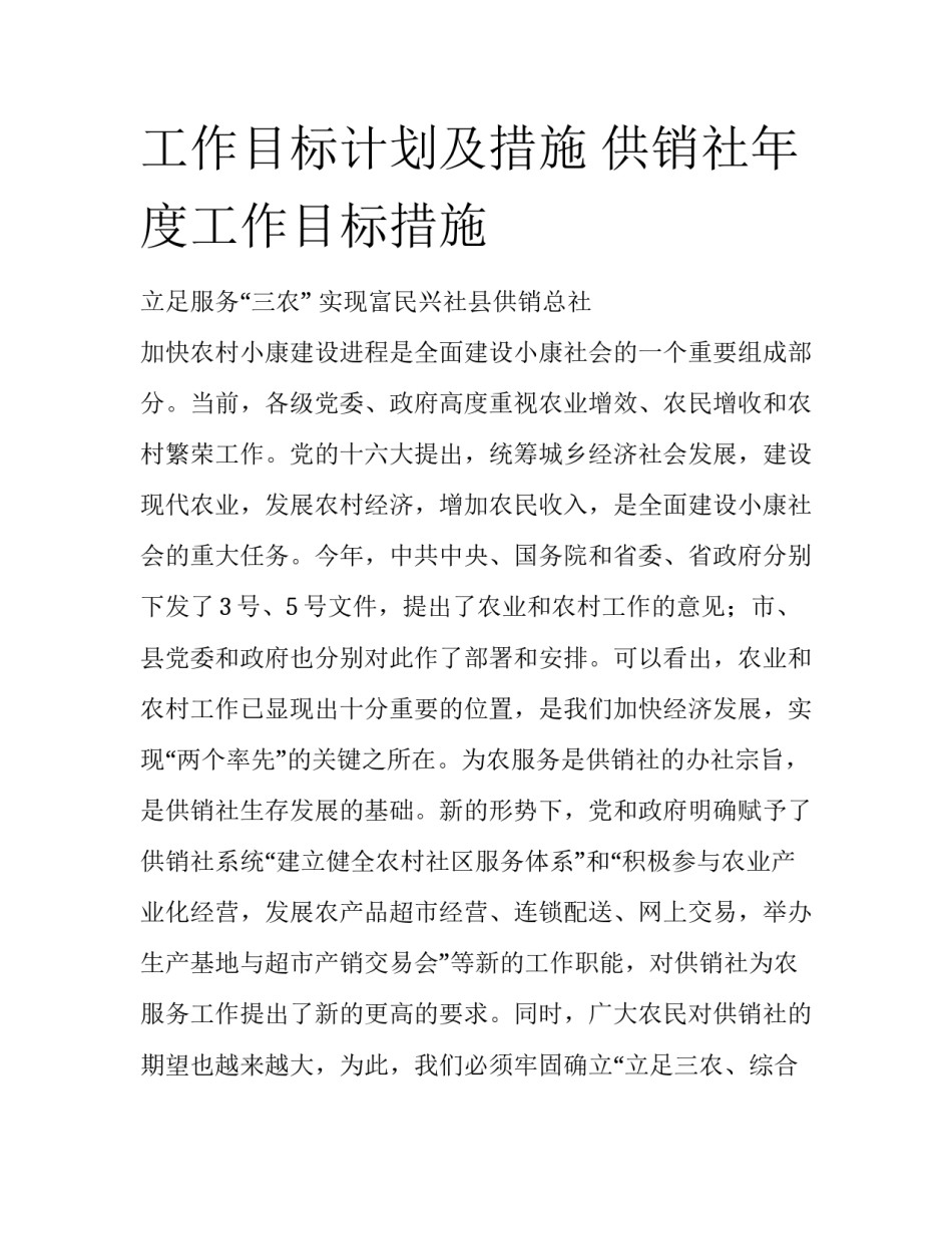 工作目标计划及措施 供销社年度工作目标措施_第1页