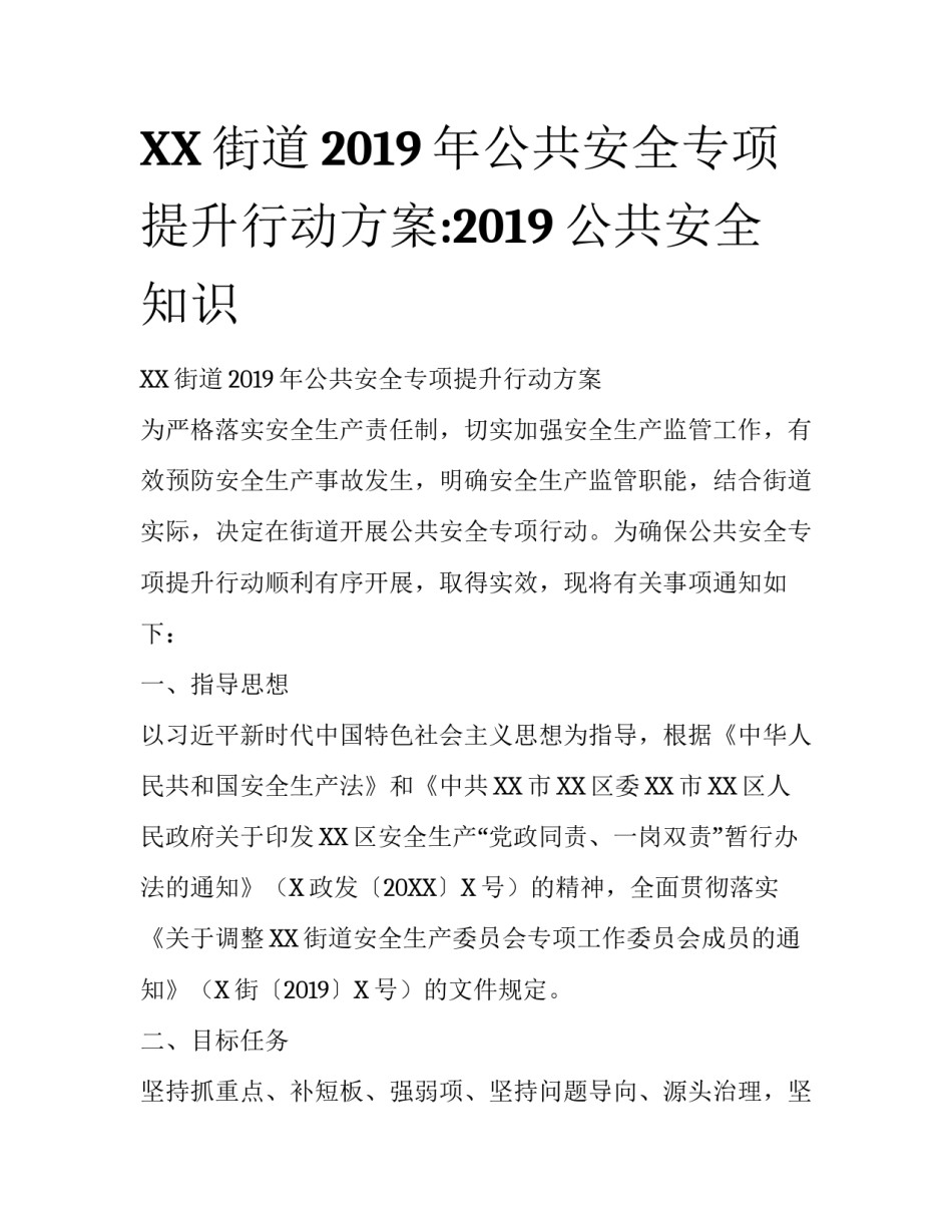 XX街道2019年公共安全专项提升行动方案:2019公共安全知识_第1页