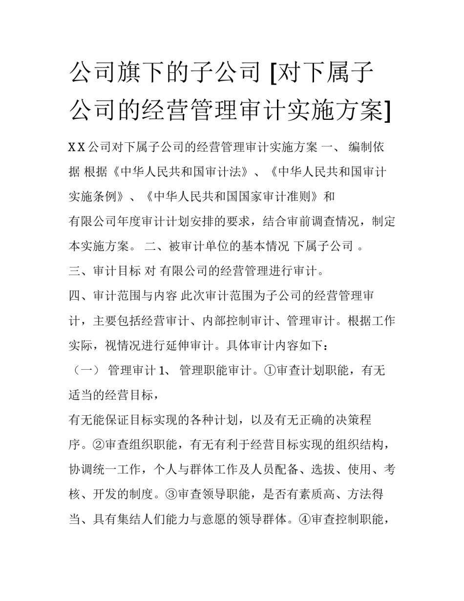 公司旗下的子公司 [对下属子公司的经营管理审计实施方案] _第1页