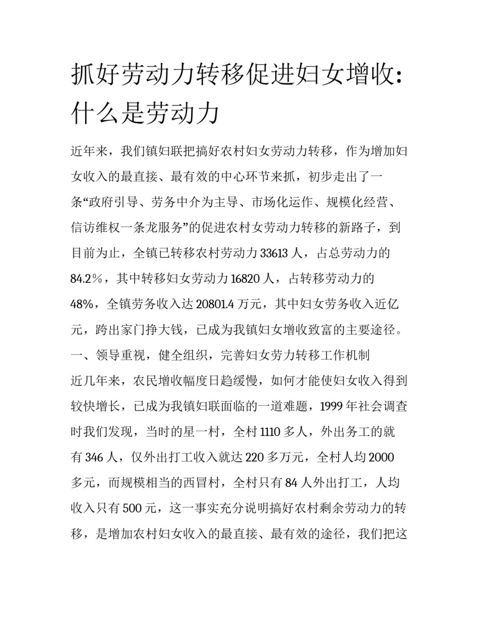 抓好劳动力转移促进妇女增收:什么是劳动力_第1页