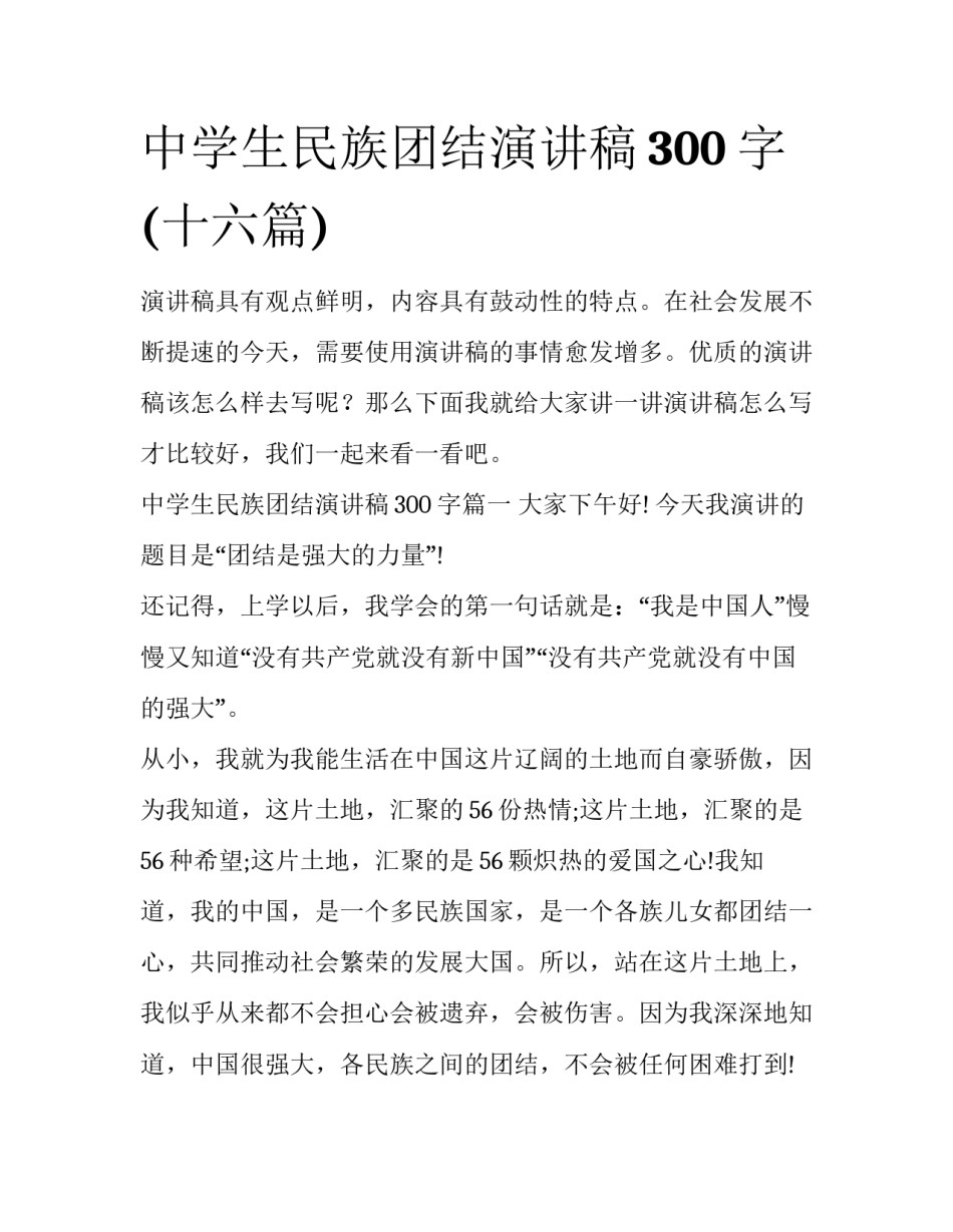 中学生民族团结演讲稿300字(十六篇)_第1页