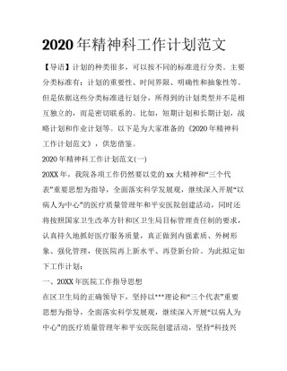 2020年精神科工作计划范文