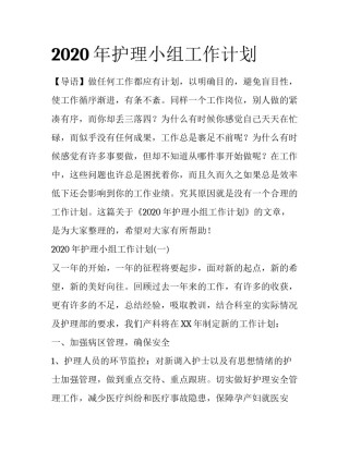 2020年护理小组工作计划