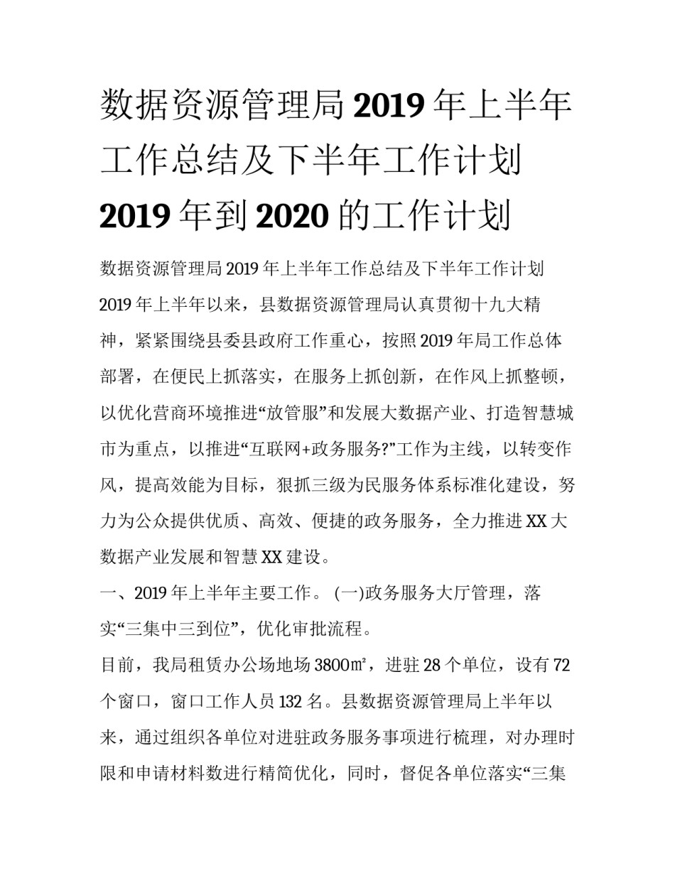 数据资源管理局2019年上半年工作总结及下半年工作计划 2019年到2020的工作计划_第1页