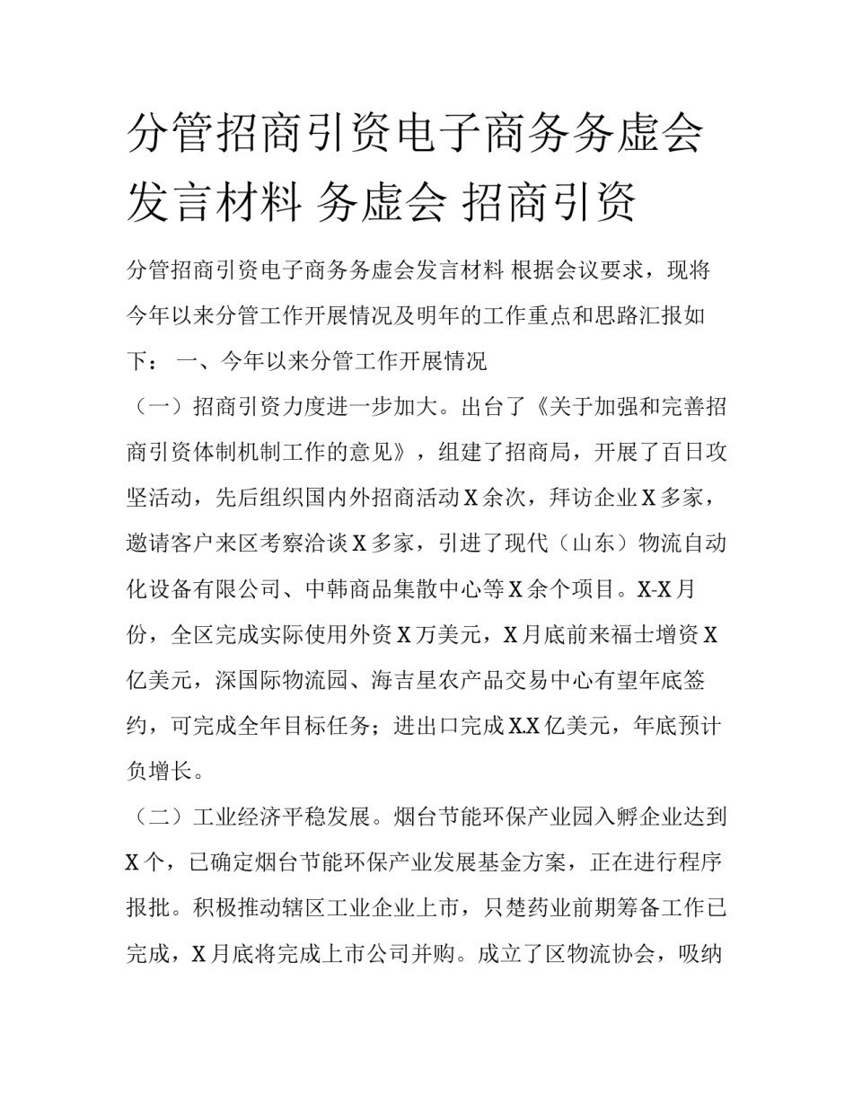 分管招商引资电子商务务虚会发言材料 务虚会 招商引资_第1页