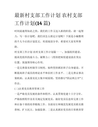 最新村支部工作计划 农村支部工作计划(14篇)