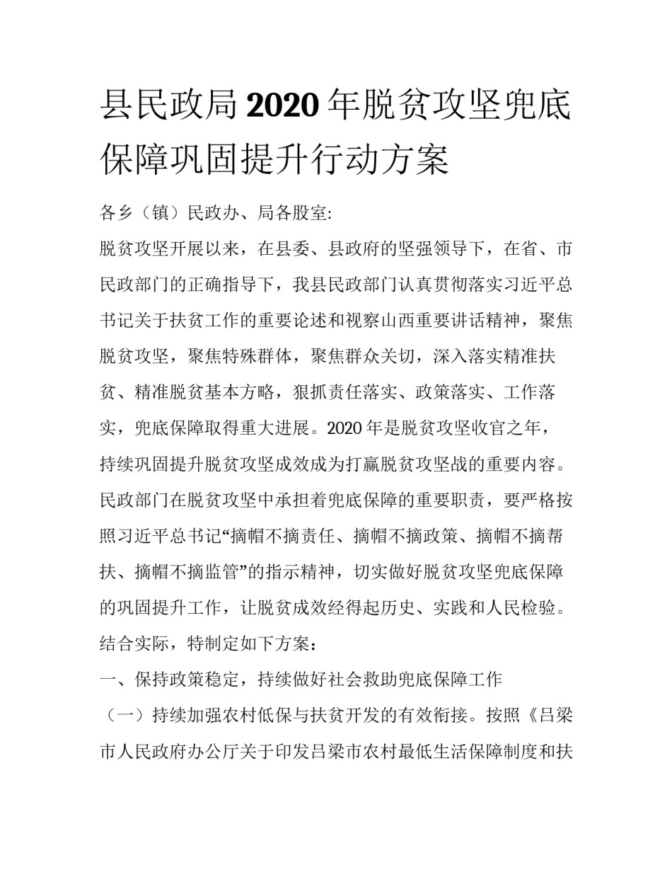 县民政局2020年脱贫攻坚兜底保障巩固提升行动方案_第1页