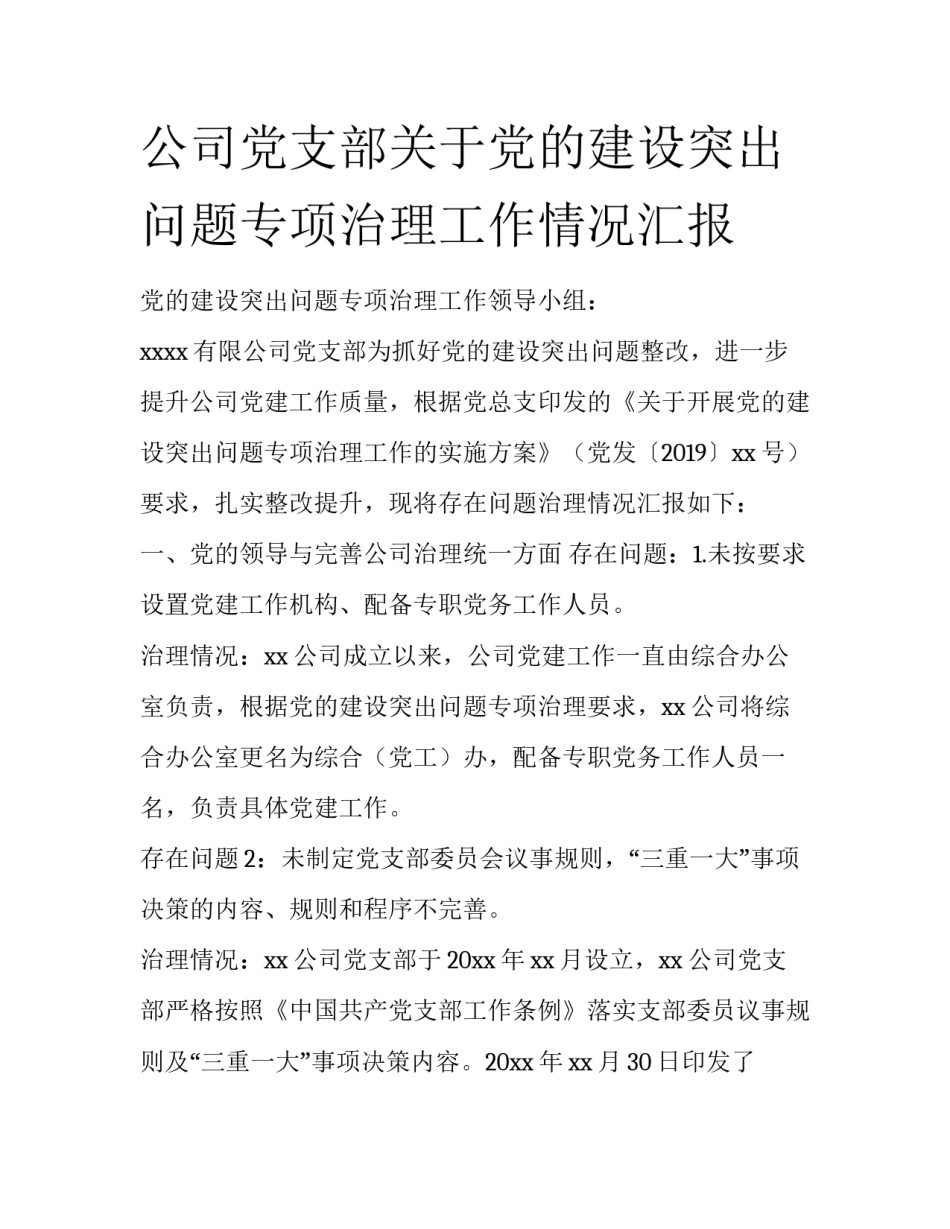 公司党支部关于党的建设突出问题专项治理工作情况汇报_第1页
