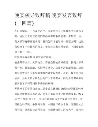 晚宴领导致辞稿 晚宴发言致辞(十四篇)