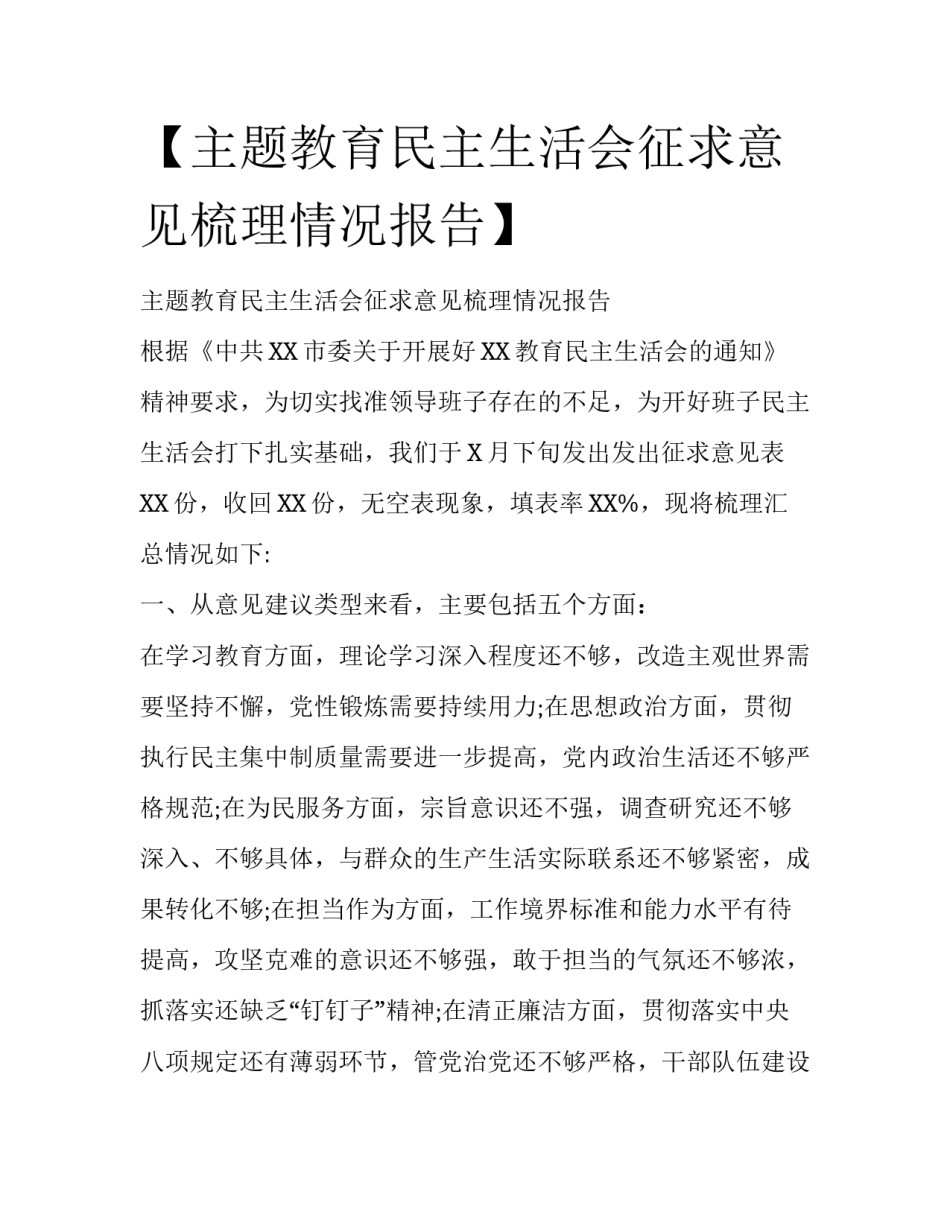 【主题教育民主生活会征求意见梳理情况报告】_第1页