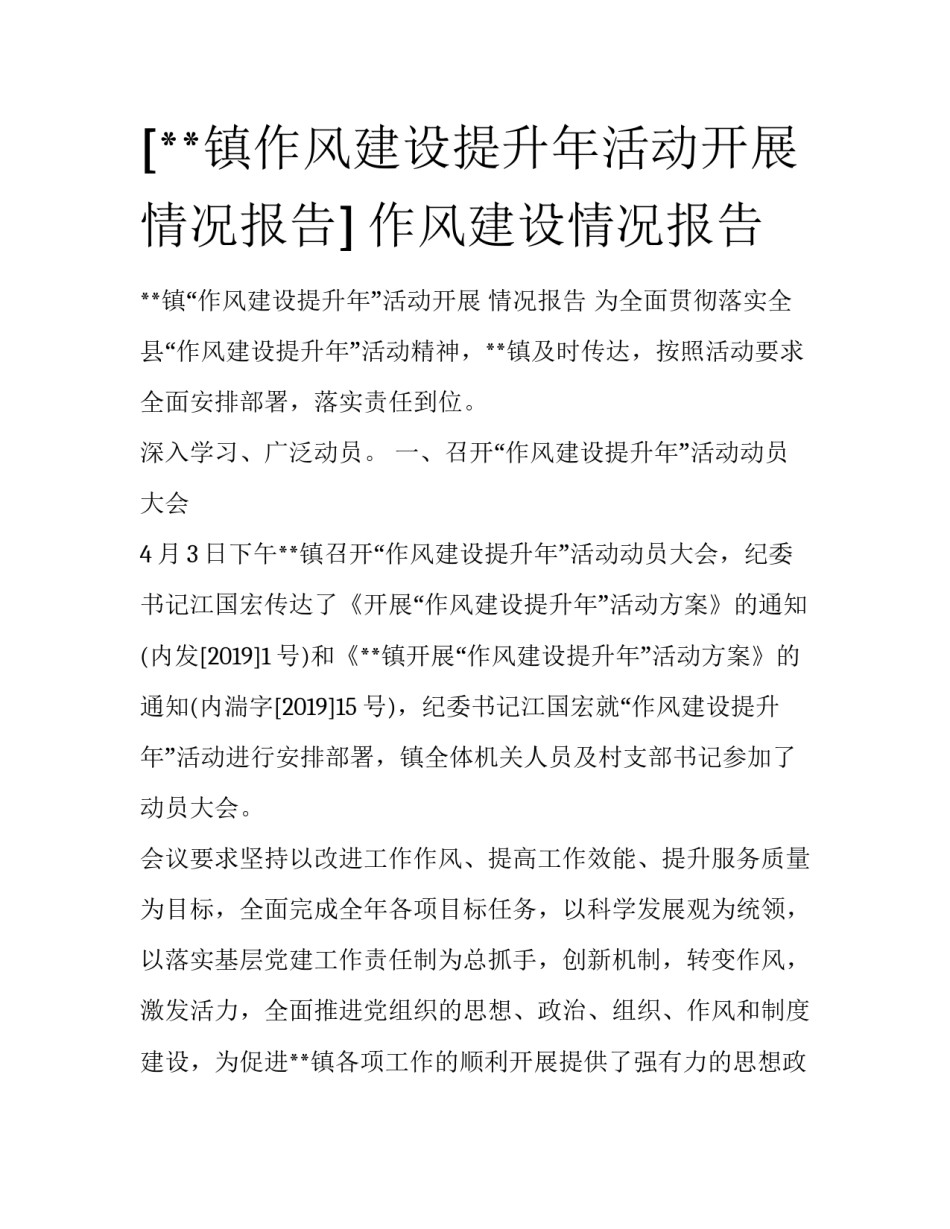 [**镇作风建设提升年活动开展情况报告] 作风建设情况报告_第1页