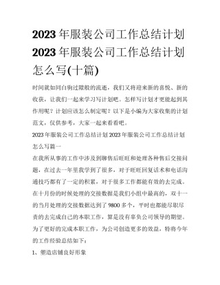 2023年服装公司工作总结计划 2023年服装公司工作总结计划怎么写(十篇)