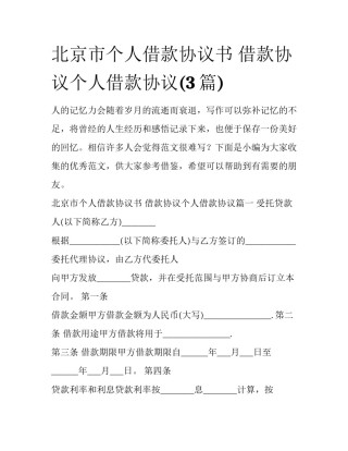 北京市个人借款协议书 借款协议个人借款协议(3篇)