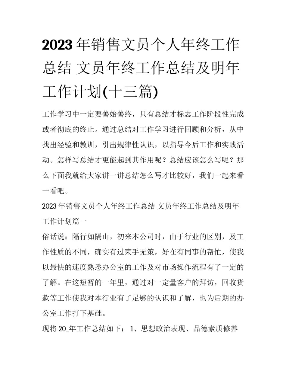 2023年销售文员个人年终工作总结 文员年终工作总结及明年工作计划(十三篇)_第1页