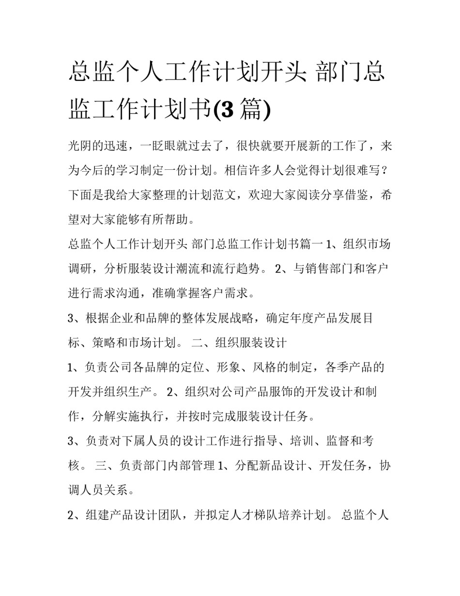 总监个人工作计划开头 部门总监工作计划书(3篇)_第1页