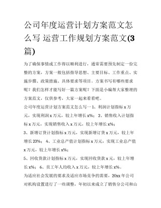 公司年度运营计划方案范文怎么写 运营工作规划方案范文(3篇)